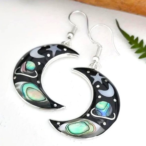 Moon Earrings Star Planet Crescent Iridescent Pearly Dangle Panet Galaxy Enamel - Picture 1 of 2